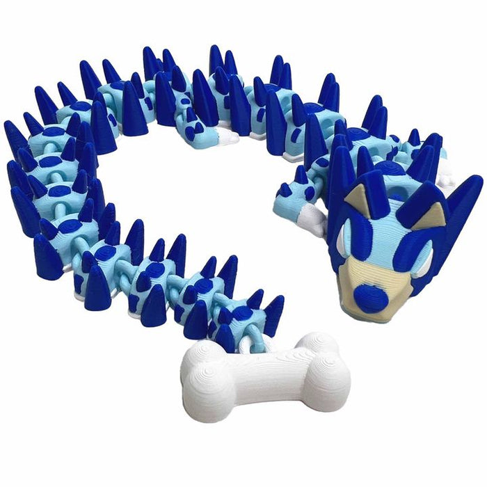 18" 3D Printed Blue Dog Dragon – Articulated Puppy Dragon with Bone Accessory – Fantasy Collectible Fidget Figure