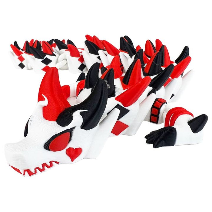 18" 3D Printed Jester Dragon – Articulated Harlequin Dragon – Fantasy Collectible Fidget Figure in Red, Black & White