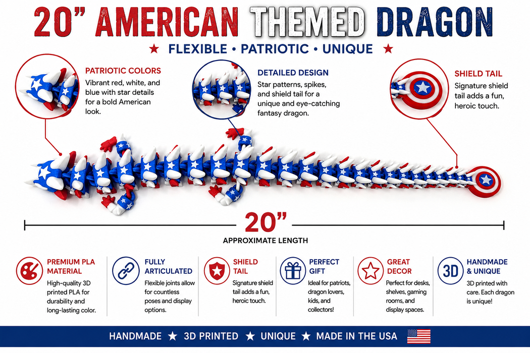 20" American Dragon – Articulated 3D Printed Patriotic Dragon | Red White & Blue Flexi Dragon Collectible Decor