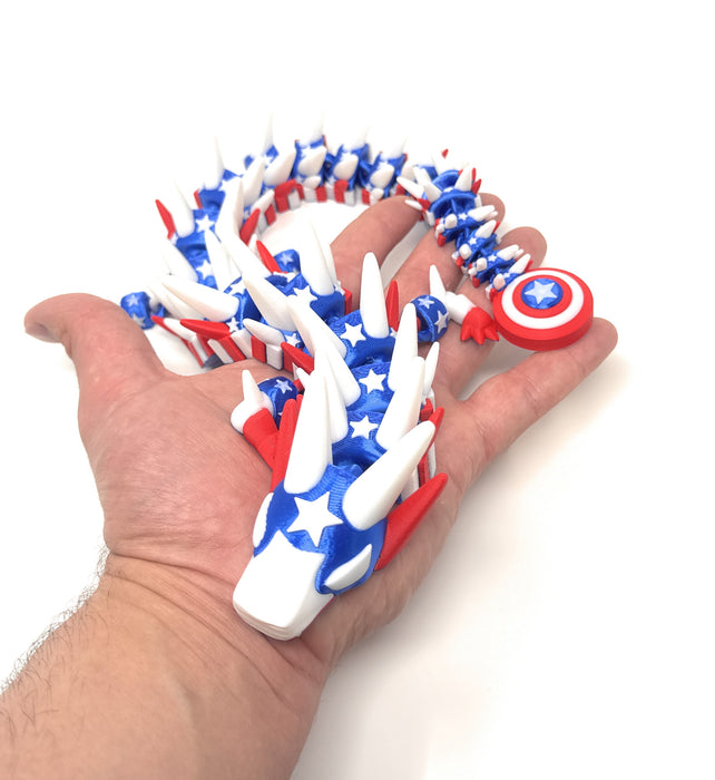 20" American Dragon – Articulated 3D Printed Patriotic Dragon | Red White & Blue Flexi Dragon Collectible Decor