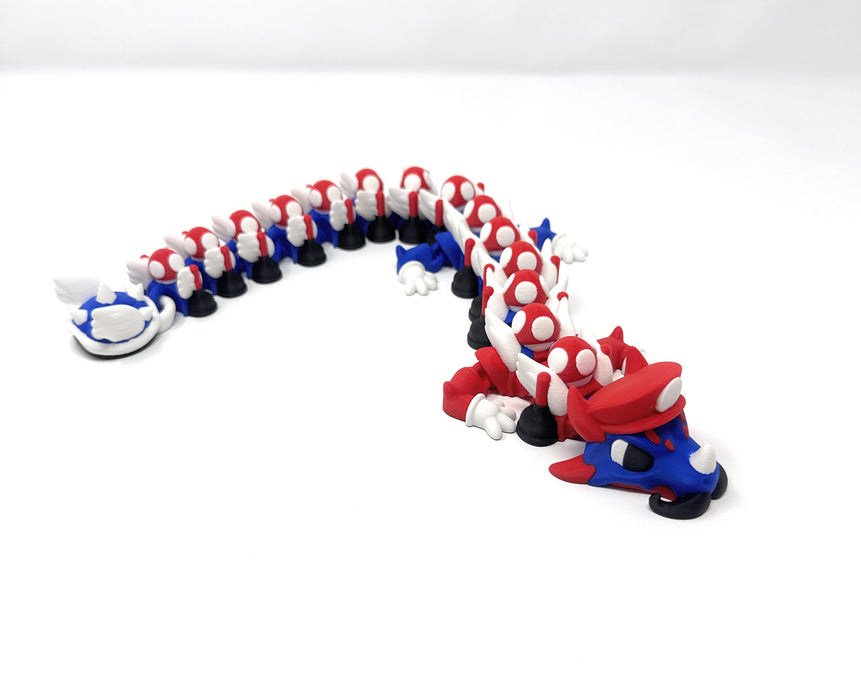 16" 3D Printed Plumber Dragon – Articulated Mushroom Plumber Dragon – Fantasy Collectible Fidget Figure
