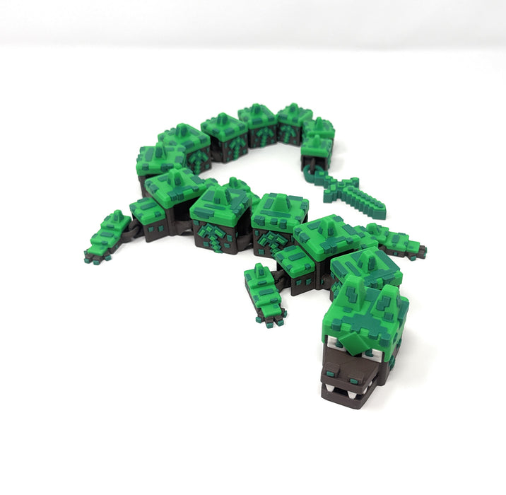 20" 3D Printed Earth Dragon – Articulated Block-Style Dragon with Sword Tail – Fantasy Collectible Fidget Figure