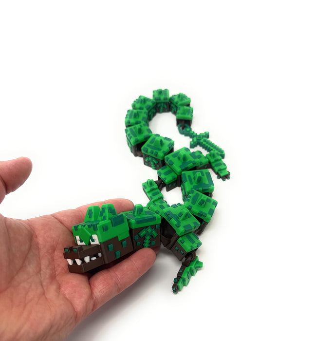 20" 3D Printed Earth Dragon – Articulated Block-Style Dragon with Sword Tail – Fantasy Collectible Fidget Figure