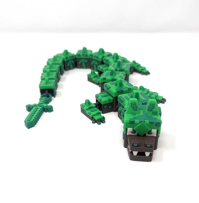 20" 3D Printed Earth Dragon – Articulated Block-Style Dragon with Sword Tail – Fantasy Collectible Fidget Figure