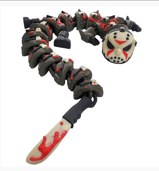 Full view of a black and red 3D-printed Jason Dragon with a cream hockey-mask face and a machete-shaped tail on a white background.